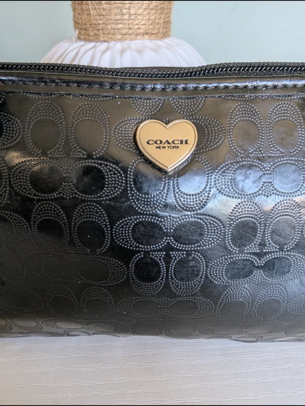 COACH Black Signature Leather Wristlet Pouch
